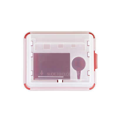 The Dynarex Sharps Containers feature a compact rectangular design with a clear lid, red edges, and interior compartments (including a small circular section), labeled "SLIDE TO CLOSE" for safe medical sharps disposal.