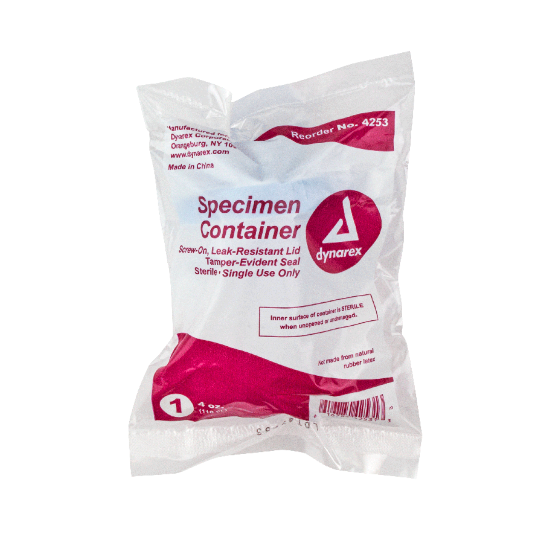 A clear plastic package contains a Dynarex Specimen Containers - Sterile with a screw-on, leak-resistant lid. The single-use package features red and blue text displaying product details.