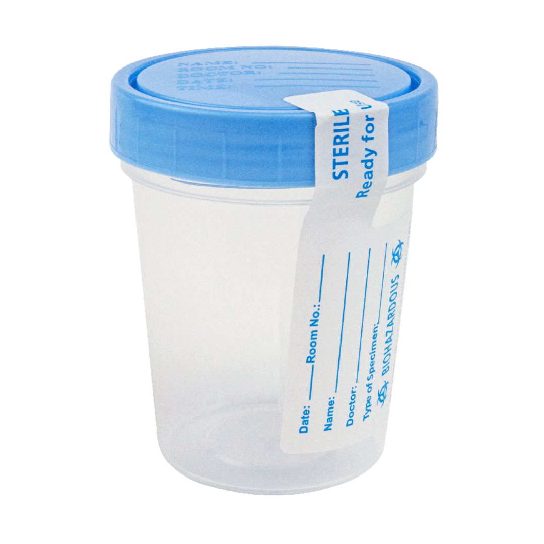 The Dynarex Specimen Containers - Sterile are clear plastic containers with blue screw-on lids and white labels for patient info, ideal for collecting medical samples.