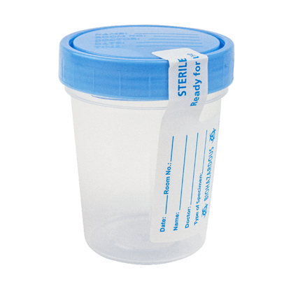 The Dynarex Specimen Containers - Sterile are clear plastic containers with blue screw-on lids and white labels for patient info, ideal for collecting medical samples.
