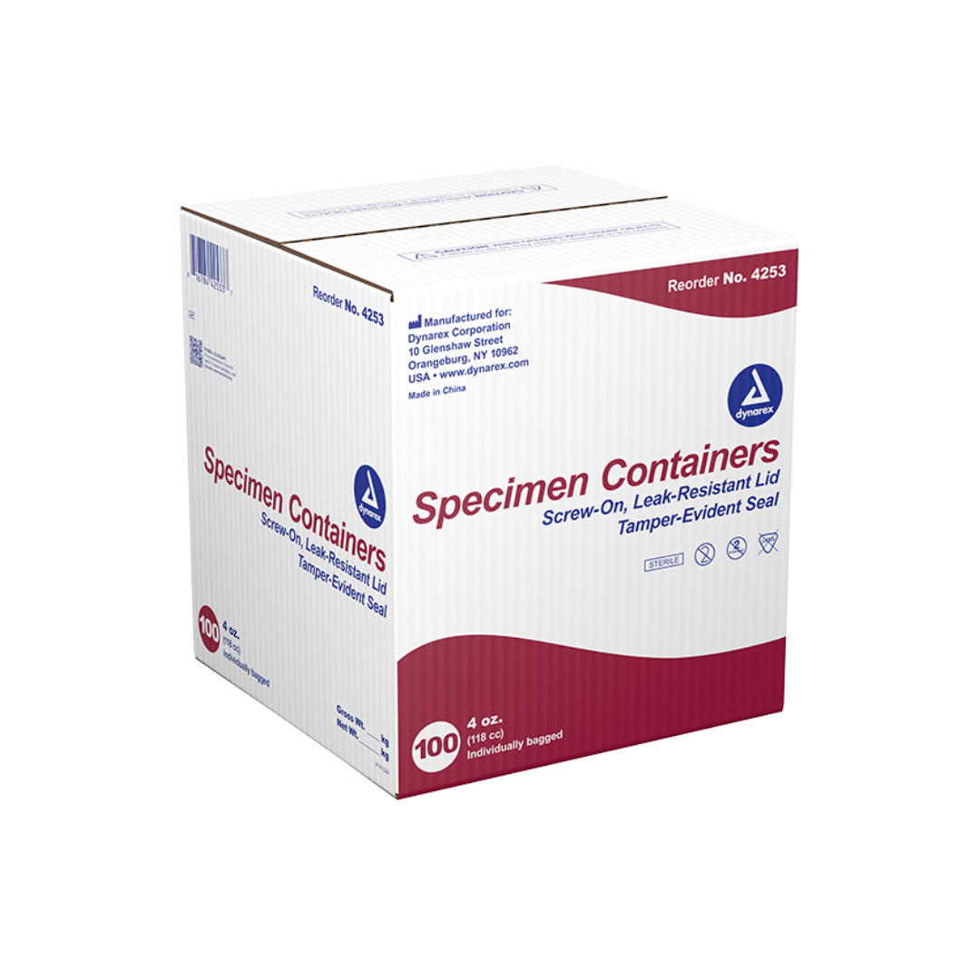 A white and blue Dynarex Specimen Containers - Sterile box holds 100 individually bagged, 4 oz sterile specimen containers with screw-on, tamper-evident lids for secure sample collection.