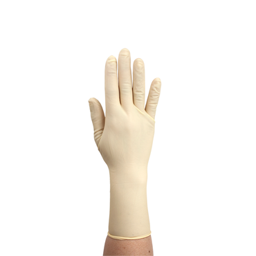 A hand wearing a Dynarex Sterile Latex Surgical Glove is raised against a white background, fingers extended and slightly apart.