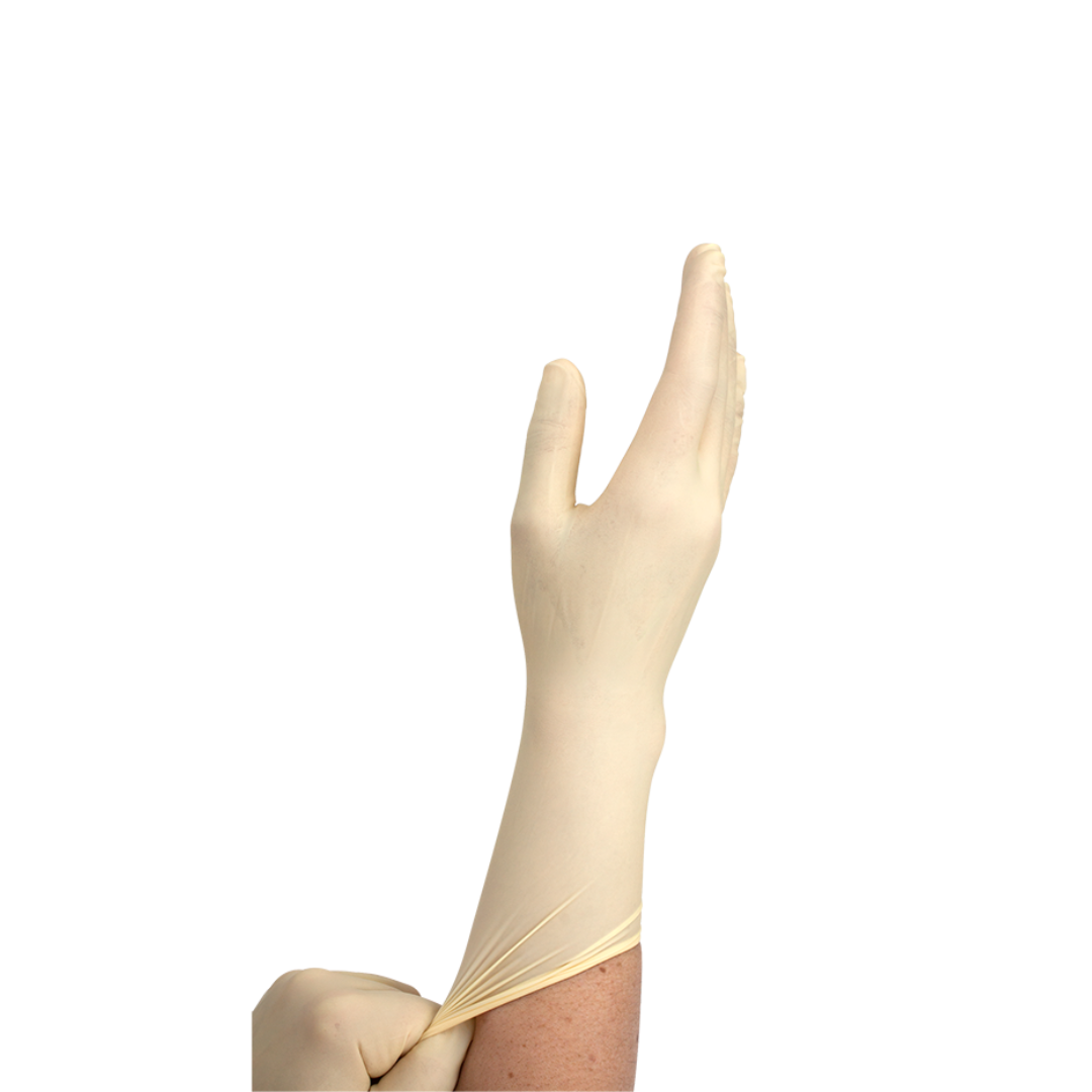 A person puts on a Dynarex Sterile Latex Surgical Glove, pulling it over their right hand against a plain white background.