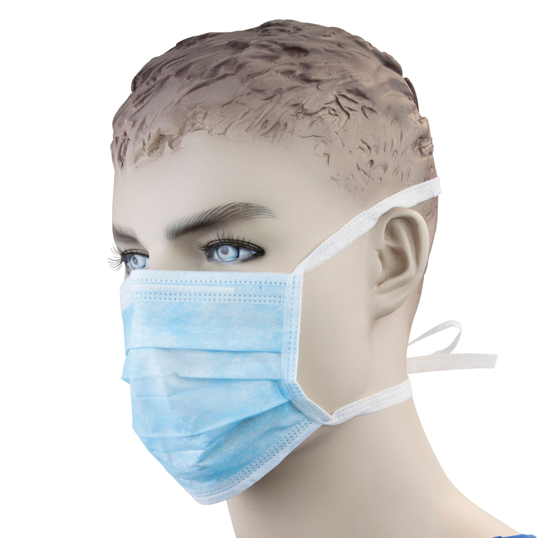 A mannequin head with light brown hair wears the Dynarex Surgical Face Mask w/ Ties, featuring blue material and white ties, against a white background. See specifications or watch videos for details.