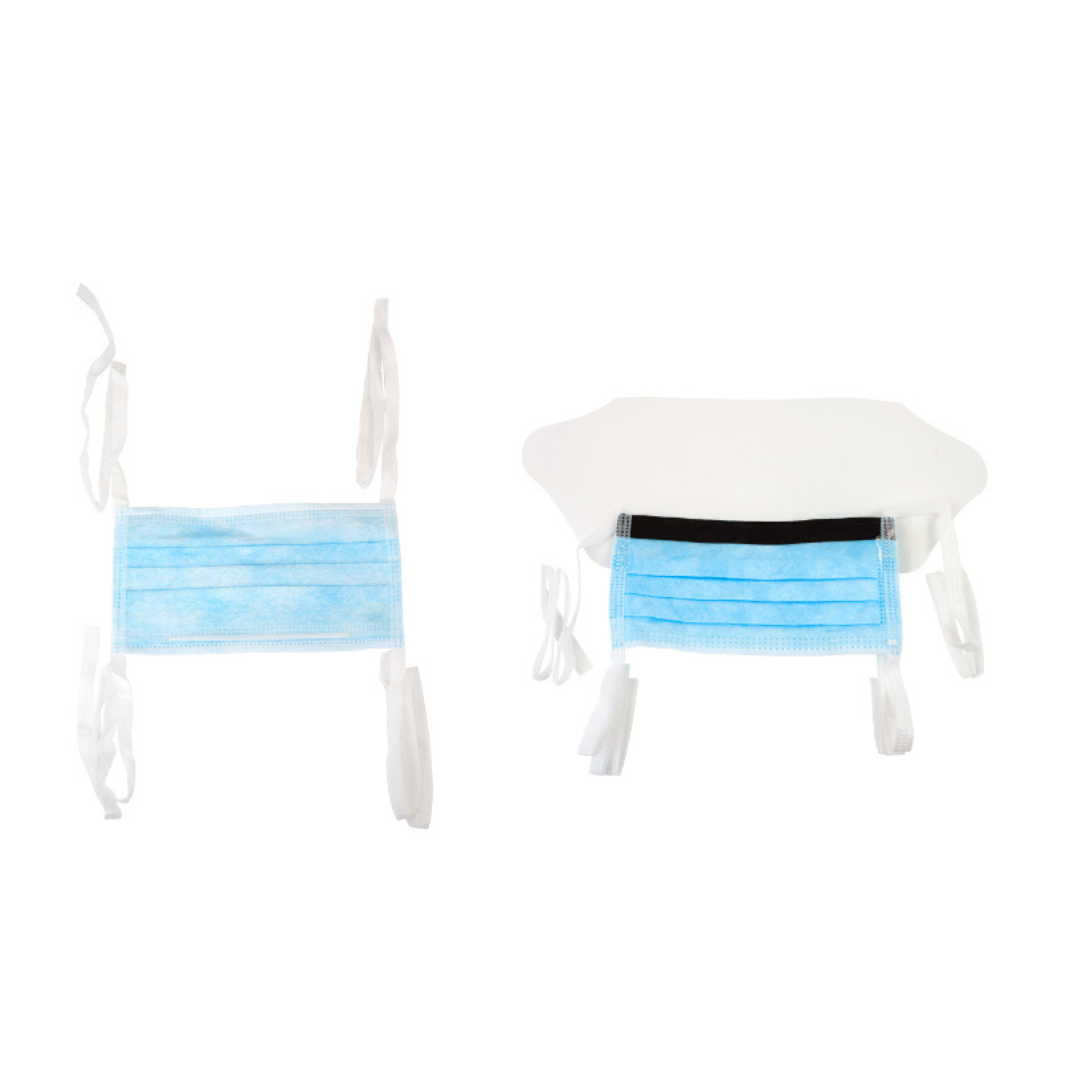Two Dynarex Surgical Face Masks w/ Ties are displayed on a white background; the right mask is attached to a white plastic device, while the left mask is unattached. See specifications for more details.