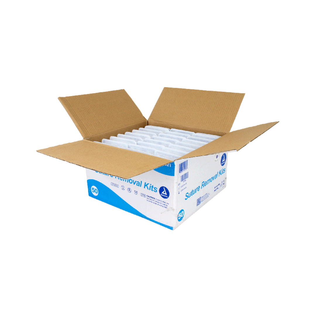 An open Dynarex Staple & Suture Removal Kits cardboard box with individual white kits neatly arranged inside; the box features blue and white graphics and displays the number 50 on the side.
