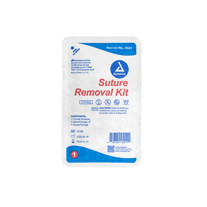 Front view of Dynarex Staple & Suture Removal Kits package, showing contents (1 metal forceps, 1 scissors, 1 gauze sponge), reorder #4521, caution label, and company details.