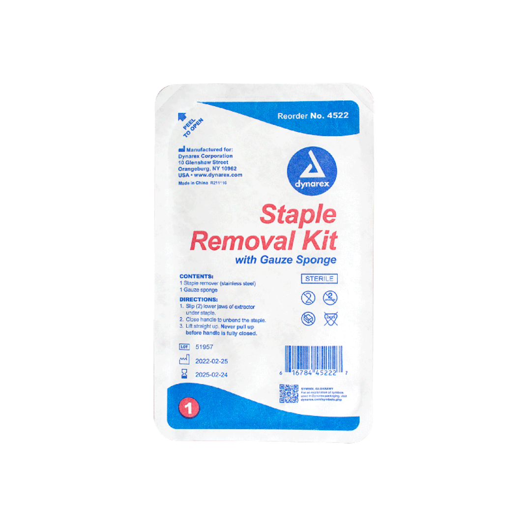 Front view of a Dynarex Staple & Suture Removal Kits package, featuring product details, instructions, and barcodes. The kit comes in white packaging with blue and red graphics as part of the Dynarex line.