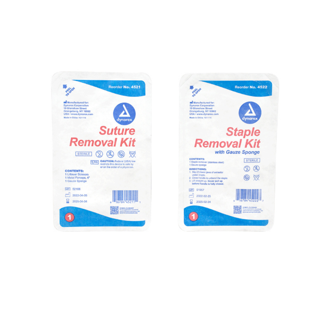 Two white-packaged Dynarex Staple & Suture Removal Kits are shown, each with blue and red text, product details, and barcodes. One kit also includes a gauze sponge for added convenience.