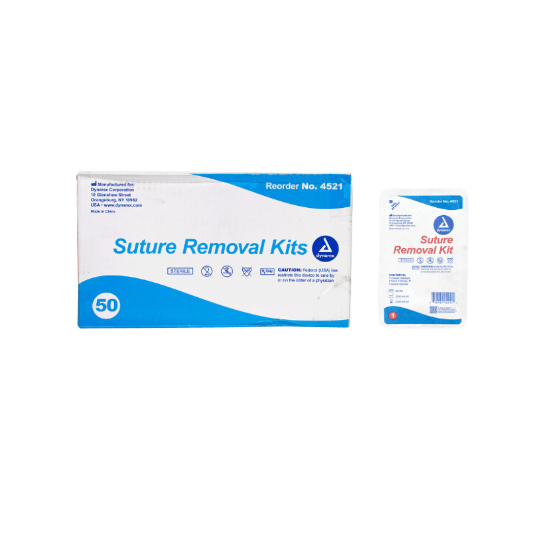 A white and blue Dynarex box labeled Staple & Suture Removal Kits sits beside an individual kit. The box, marked reorder #4521, holds 50 kits and features medical symbols—ideal for staple or suture removal needs.