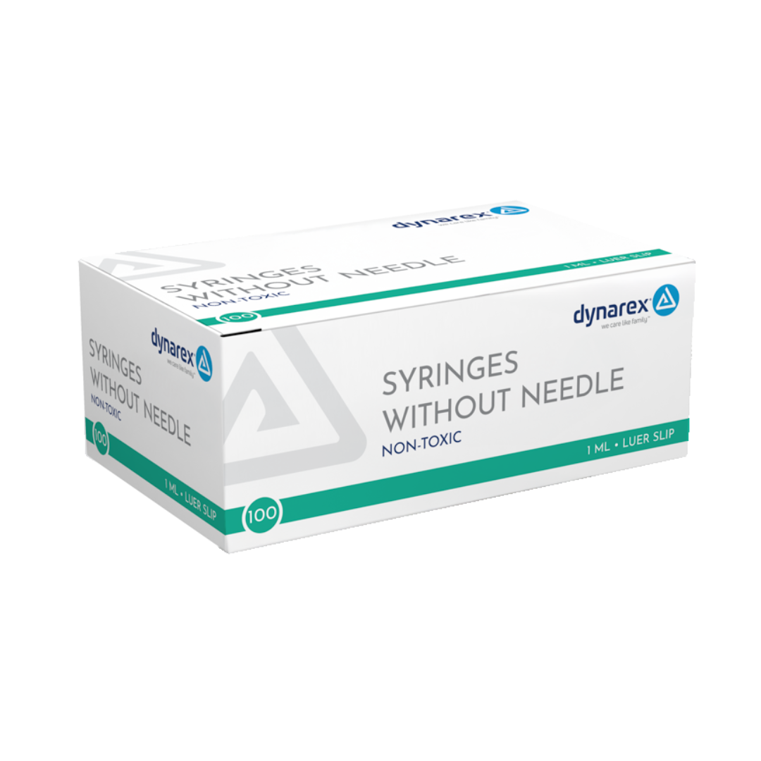 A 100-count white and green box of Dynarex Syringes Without Needle, non-toxic, 1 mL, Luer slip—ideal for precise medication dosing.
