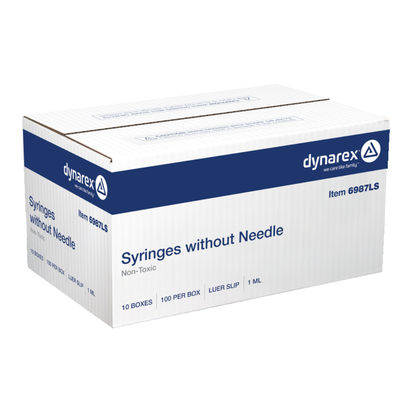 A white box with blue accents labeled "Dynarex Syringes Without Needle." Contains 10 packs of 100 syringes (1 mL, luer slip, non-toxic); ideal for medication dosing.