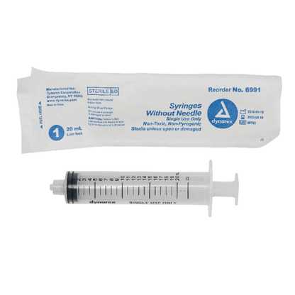 A clear Dynarex Syringes Without Needle (20 mL) is displayed below its white sterile packaging labeled “Syringes Without Needle, 20 mL, Single Use Only”—perfect for precise medication dosing.