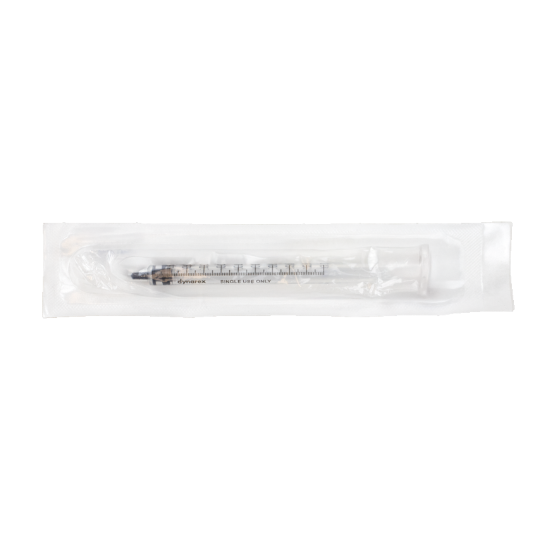 A sterile, disposable Dynarex Syringes Without Needle for medication dosing is shown unused in clear plastic packaging on a white background, with visible measurement markings through the package.