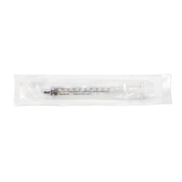 A sterile, disposable Dynarex Syringes Without Needle for medication dosing is shown unused in clear plastic packaging on a white background, with visible measurement markings through the package.