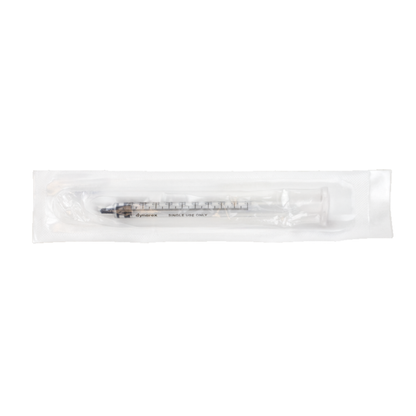A sterile, disposable Dynarex Syringes Without Needle for medication dosing is shown unused in clear plastic packaging on a white background, with visible measurement markings through the package.