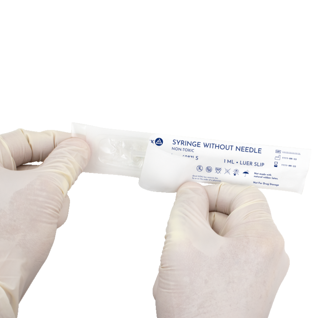 Gloved hands open the packaging of a sterile Dynarex Syringes Without Needle, ideal for precise medication dosing, with specifications and clear instructions visible on the pack.