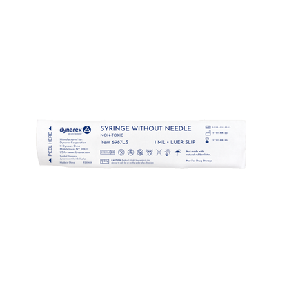 The Dynarex Syringes Without Needle is a 1 mL luer slip syringe in a white wrapper with blue text, designed for sterile, non-toxic, single use—ideal for precise medication dosing when a needle is not required.