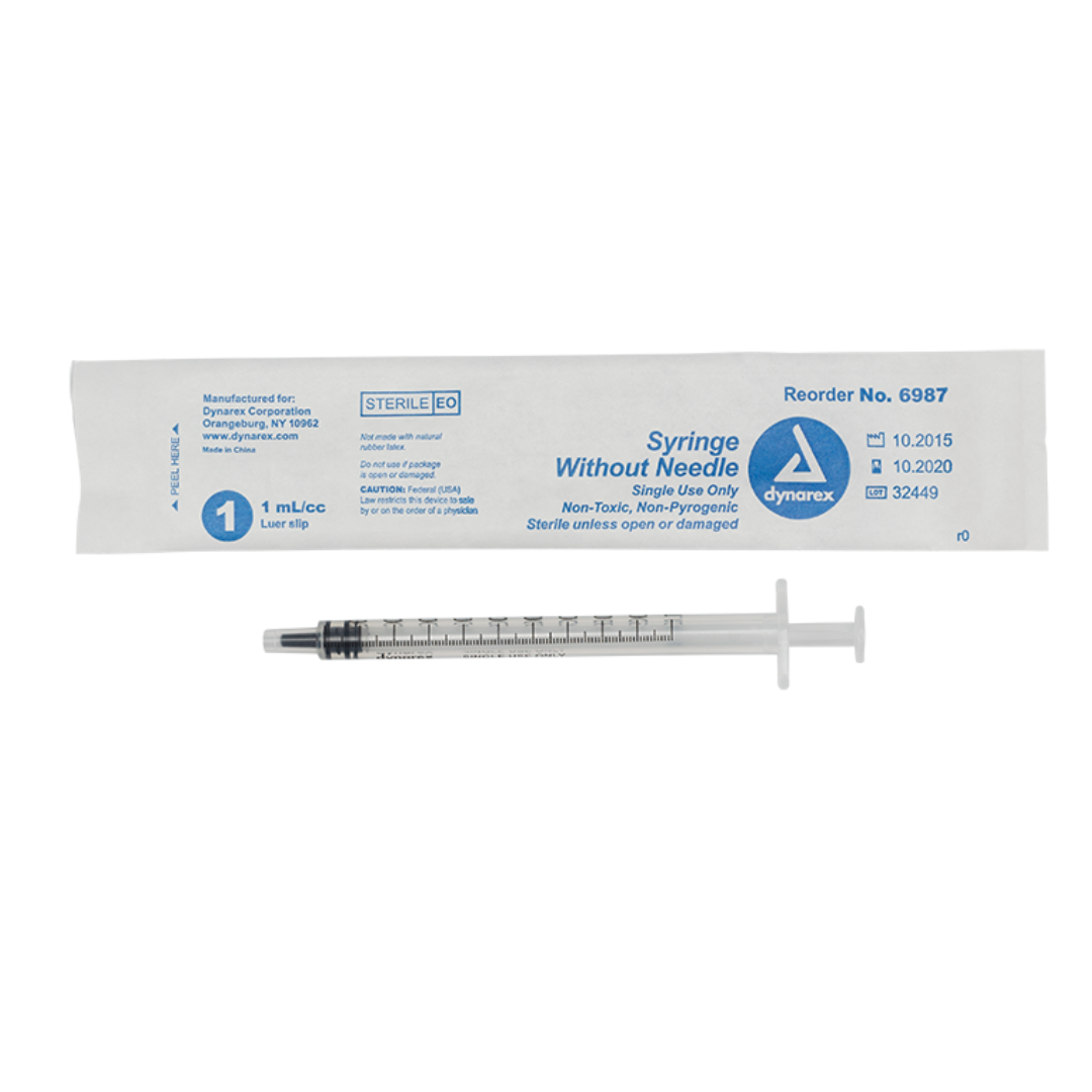 A packaged Dynarex Syringes Without Needle, marked sterile and single-use, is shown next to an unwrapped 1 mL clear syringe with a black plunger and measurement markings, ideal for accurate medication dosing.