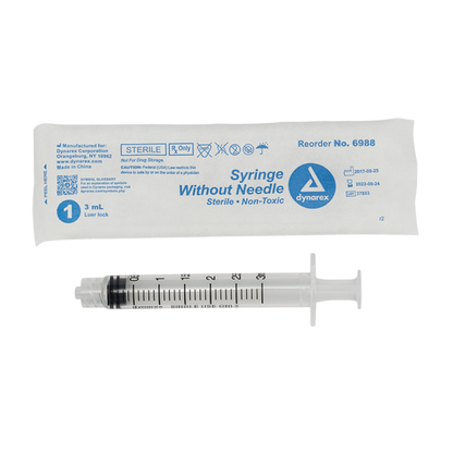 A packaged Dynarex Syringes Without Needle, 3 mL, sits above an unpackaged 3 mL syringe with clear barrel and black markings—ideal for precise medication dosing.