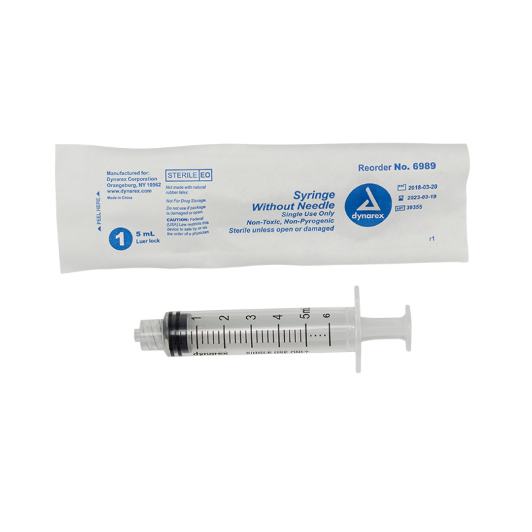 A 5 mL Dynarex Syringes Without Needle is shown next to its sealed packaging, displaying product details and the Dynarex logo—ideal for medication dosing or other uses needing syringes without needles.