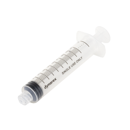 A Dynarex Syringes Without Needle clear plastic syringe labeled "SINGLE USE ONLY" is shown on a white background, featuring side measurement markings for precise medication dosing. Suitable for applications not requiring needles.