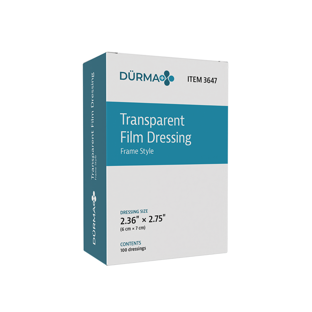 A white and blue box labeled Dynarex Transparent Film Dressing Frame Style, item 3647, contains 100 transparent dressings for wound or catheter site protection, each measuring 2.36" x 2.75" (6 cm x 7 cm).