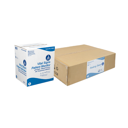 A white and blue Dynarex Vital Signs Patient Monitor box and a larger brown box with a rolling stand are shown on a white background. Downloadable specifications and warranty details are available.