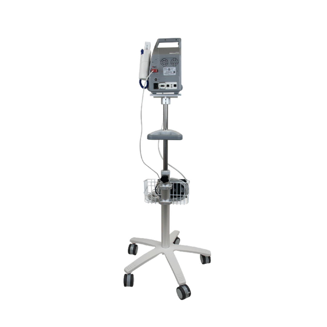 The Dynarex Vital Signs Patient Monitor w/ Stand features a digital display, cables, accessory basket, and wheeled stand for healthcare use. Warranty info and specifications are available for reference.