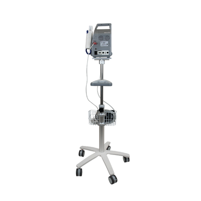The Dynarex Vital Signs Patient Monitor w/ Stand features a digital display, cables, accessory basket, and wheeled stand for healthcare use. Warranty info and specifications are available for reference.