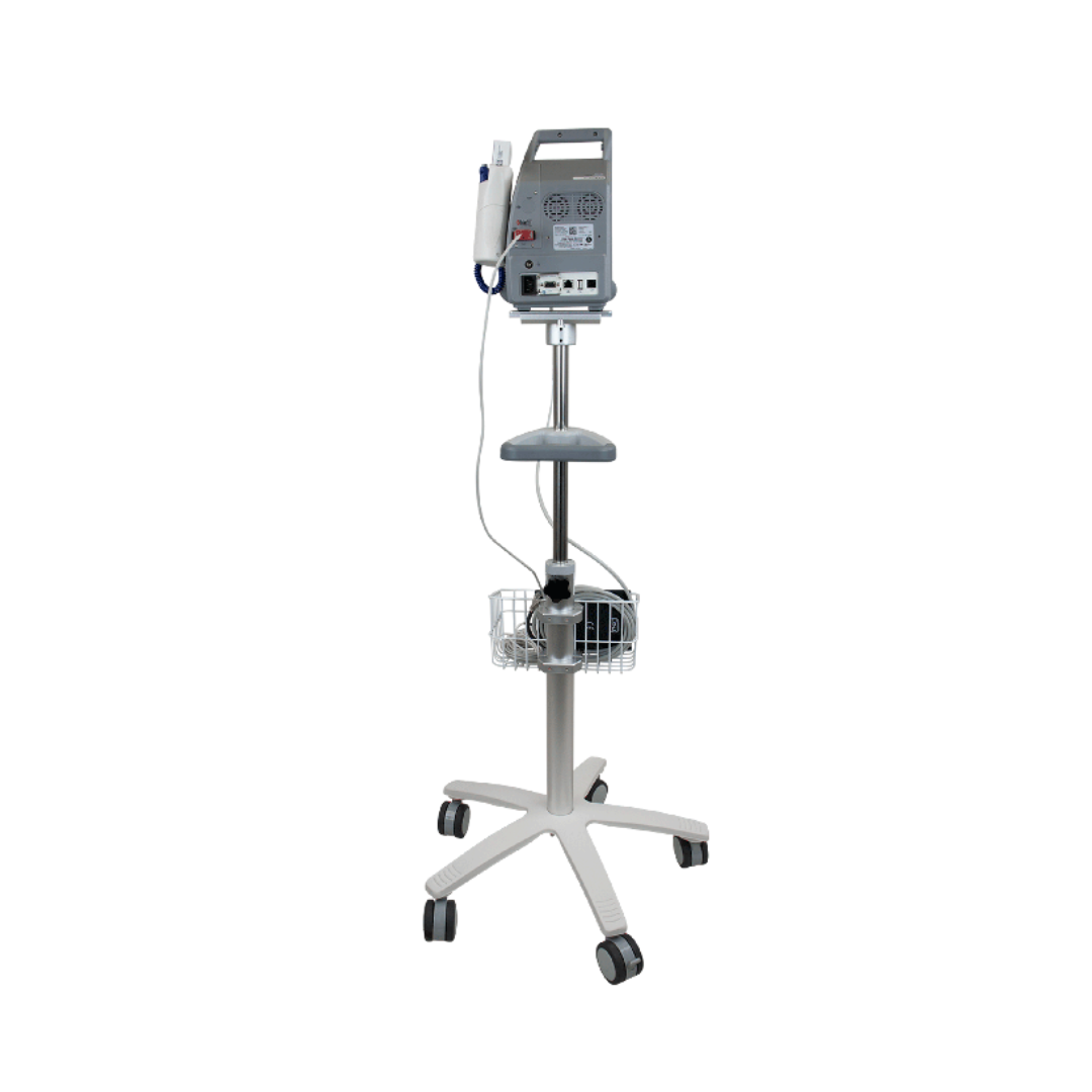 The Dynarex Vital Signs Patient Monitor w/ Stand features a control panel, attached cables, tray, and wire basket for accessories. Ideal for patient monitoring in hospitals or clinics. Warranty details and specifications available on request.