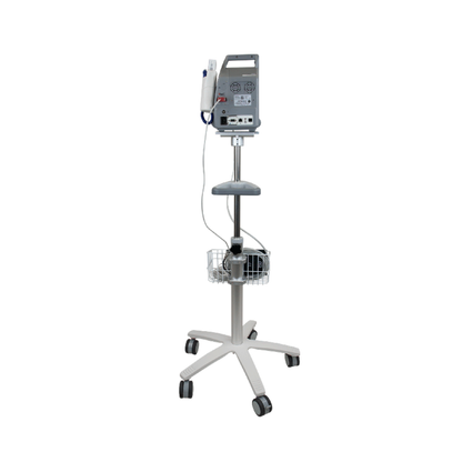 The Dynarex Vital Signs Patient Monitor w/ Stand features a control panel, attached cables, tray, and wire basket for accessories. Ideal for patient monitoring in hospitals or clinics. Warranty details and specifications available on request.