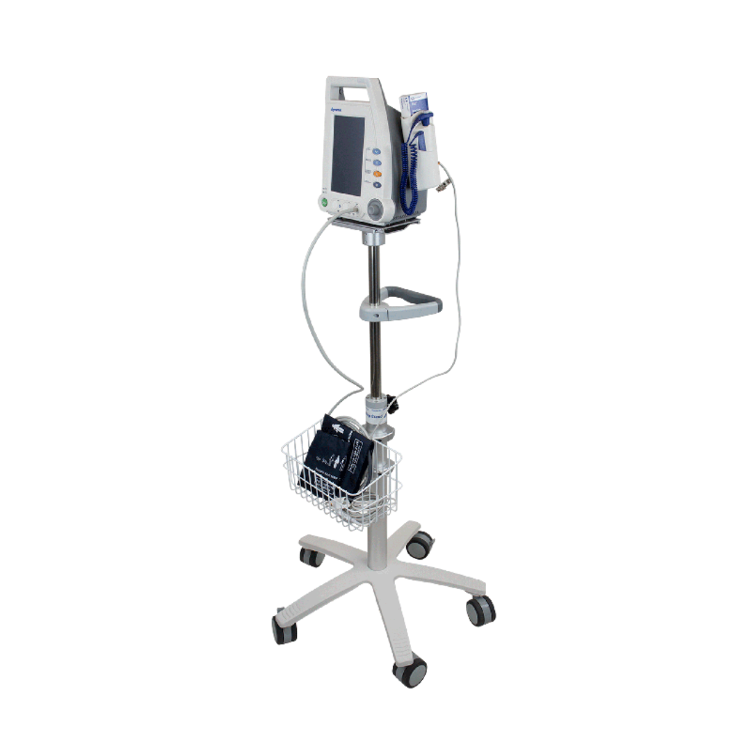 The Dynarex Vital Signs Patient Monitor w/ Stand features a screen, blood pressure cuff, cables, accessory wire basket, and a five-leg wheeled base. Warranty details and specs are available for reference.