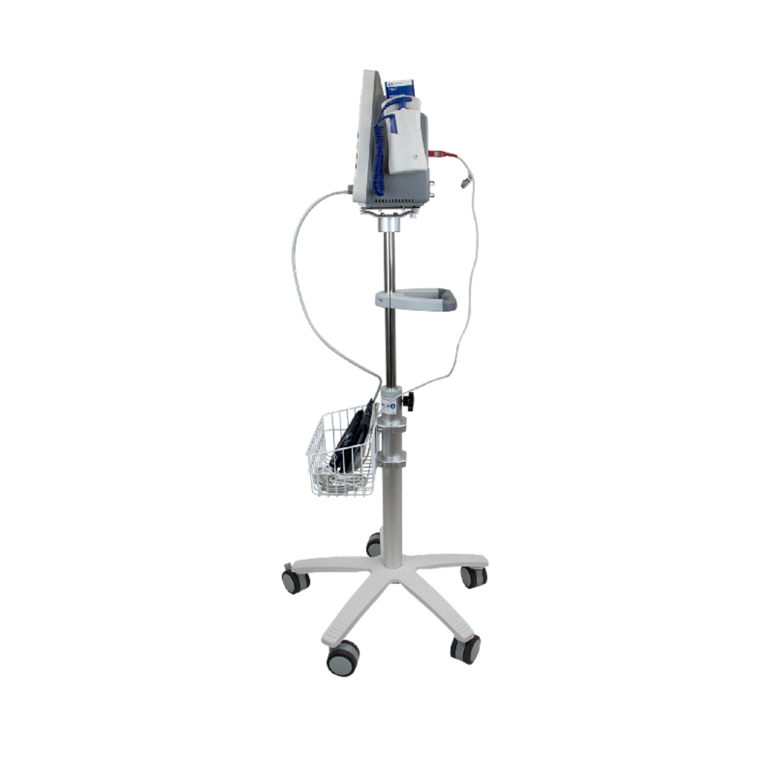 The Dynarex Vital Signs Patient Monitor w/ Stand features a wheeled base, wire basket, power cord, and cuff. Shown on a white background. Downloadable specifications and warranty details are available.