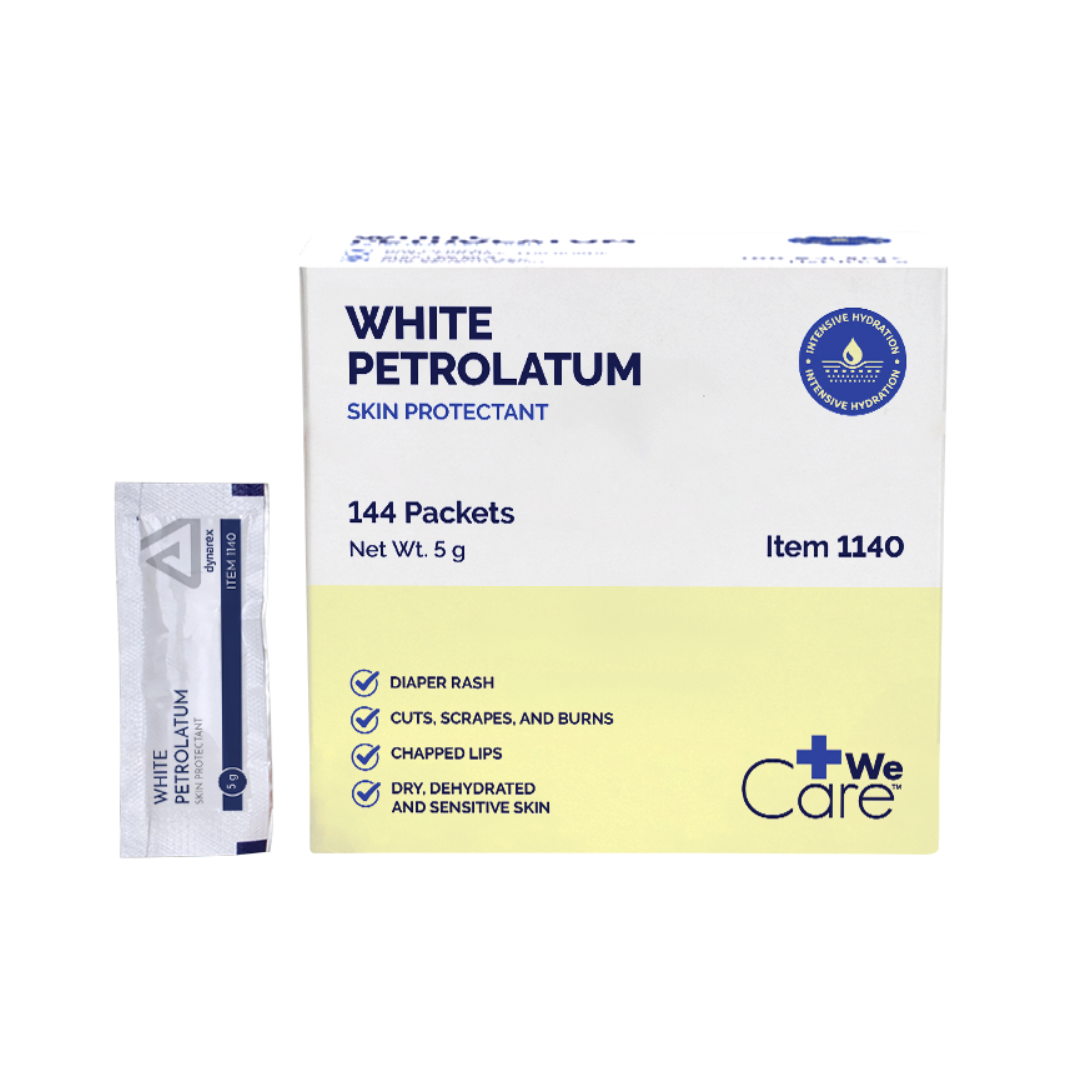 A box of Dynarex White Petrolatum – Petroleum Jelly Skin Protectant, 144 packets (5g each), item 1140. Shown with one packet. Ideal for dry skin, diaper rash, cuts, burns, chapped lips, and sensitive skin.