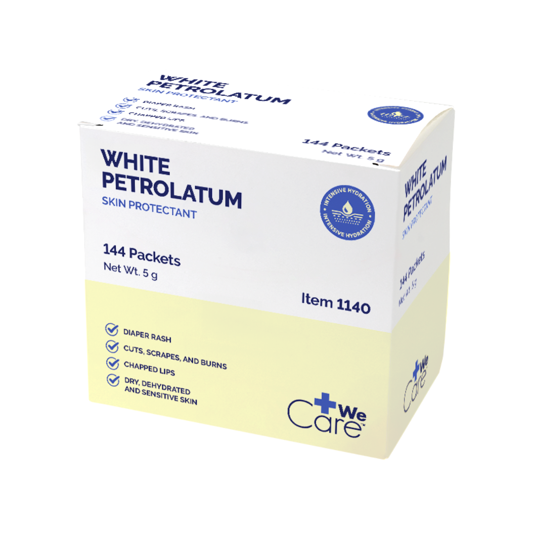 A box of Dynarex White Petrolatum – Petroleum Jelly Skin Protectant, 144 packets (5g each). For dry skin, diaper rash, cuts, burns, chapped lips & sensitive skin. Item 1140. Contains premium petroleum jelly.