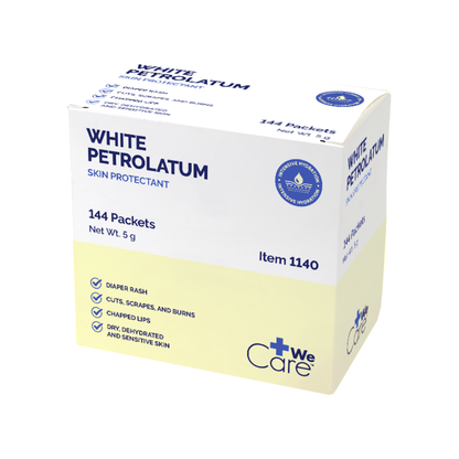 A box of Dynarex White Petrolatum – Petroleum Jelly Skin Protectant, 144 packets (5g each). For dry skin, diaper rash, cuts, burns, chapped lips & sensitive skin. Item 1140. Contains premium petroleum jelly.