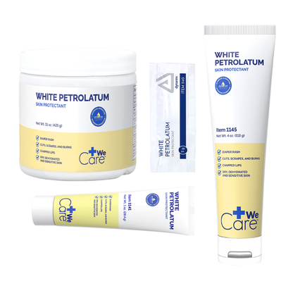 Four containers of Dynarex White Petrolatum – Petroleum Jelly Skin Protectant are shown: a large jar, a packet, a wide tube, and a tall tube—ideal for dry skin. Each features the We Care logo with blue and yellow product labeling.