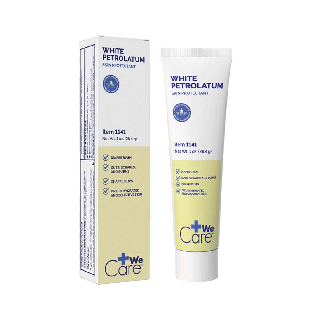 A tube and box of Dynarex White Petrolatum – Petroleum Jelly Skin Protectant, ideal for dry skin, diaper rash, cuts, scrapes, burns, and chapped lips. Both packages have blue and yellow text and icons on a white background.