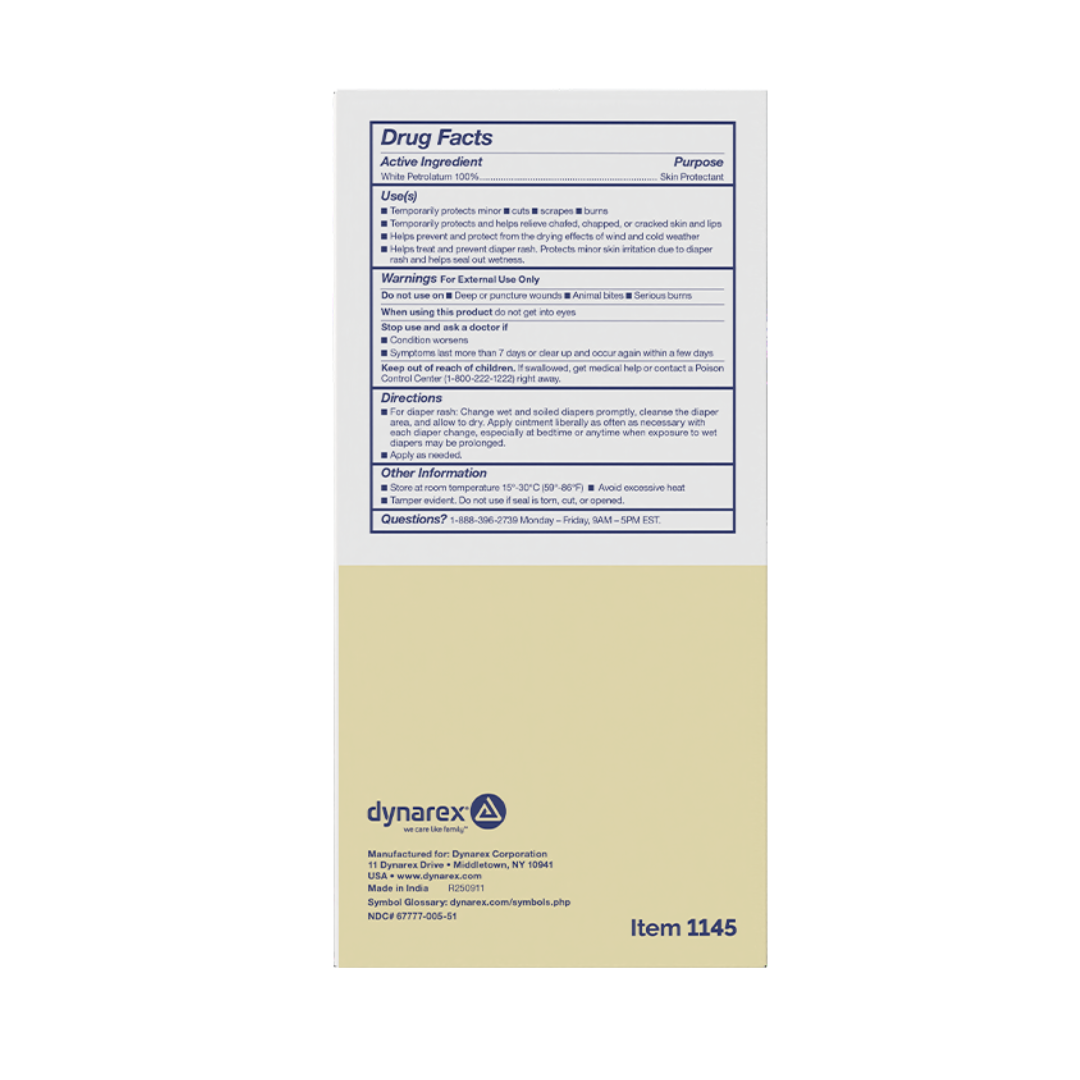 The back of a Dynarex White Petrolatum – Petroleum Jelly Skin Protectant box displays the Drug Facts label with active ingredients, uses for dry skin, warnings, directions, and company info on a white and beige background.