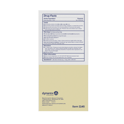 The back of a Dynarex White Petrolatum – Petroleum Jelly Skin Protectant box displays the Drug Facts label with active ingredients, uses for dry skin, warnings, directions, and company info on a white and beige background.