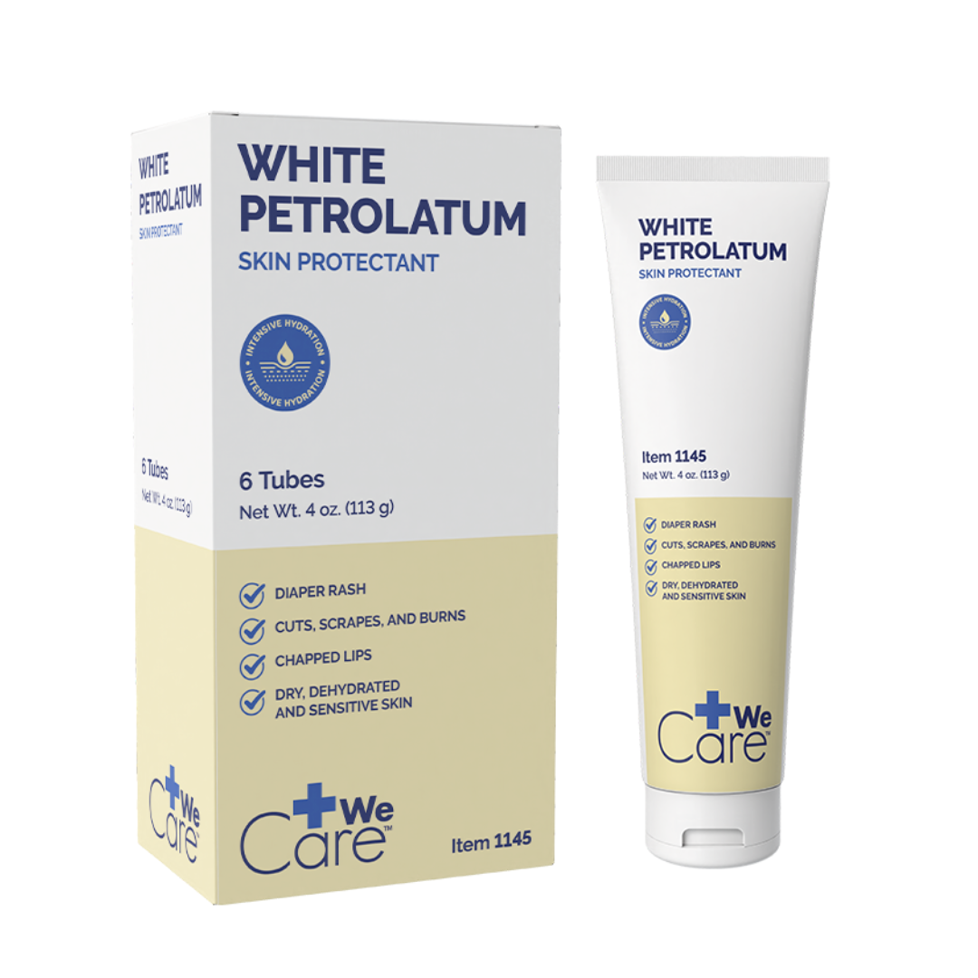 A box of Dynarex White Petrolatum – Petroleum Jelly Skin Protectant. Soothes diaper rash, cuts, scrapes, burns, chapped lips, and dry skin. Contains 6 tubes per box; each tube has 4 oz (113 g).