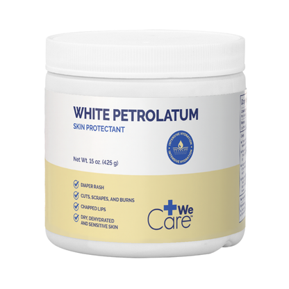 A white plastic jar labeled "Dynarex White Petrolatum – Petroleum Jelly Skin Protectant," 15 oz (425 g). Soothes diaper rash, cuts, chapped lips, and dry skin. Features blue and yellow label design elements.