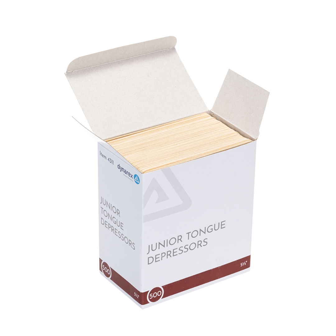 An open white box labeled Dynarex Wooden Tongue Depressors reveals a stack of birch wood depressors with the lid partially open, making them easy to access during exams.