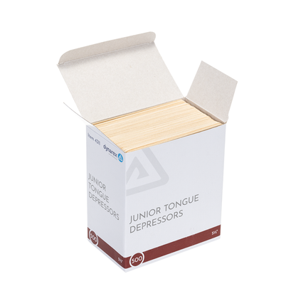 An open white box labeled Dynarex Wooden Tongue Depressors reveals a stack of birch wood depressors with the lid partially open, making them easy to access during exams.
