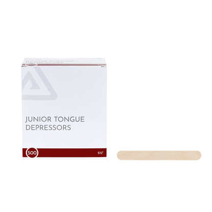A box labeled Dynarex Wooden Tongue Depressors with "500" sits beside a single wooden tongue depressor on a white background.