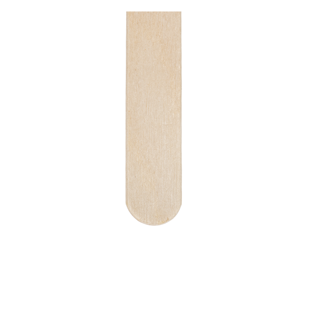 A Dynarex Wooden Tongue Depressor stands vertically with its rounded end down, centered against a plain white background.
