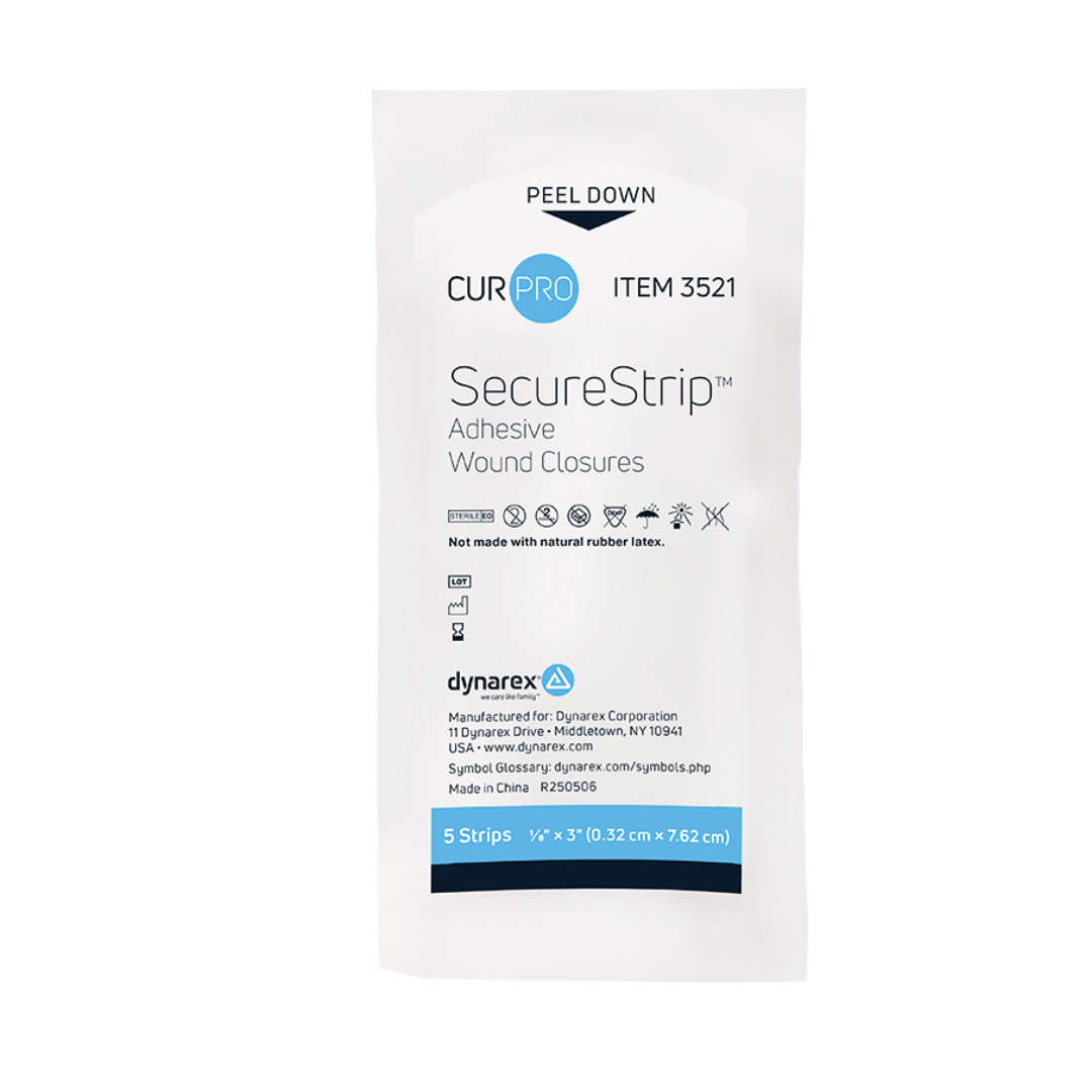 A white package labeled “Dynarex Wound Closure Strips – Sterile” contains 5 sterile adhesive wound support strips. Peel-down instructions, size, and manufacturer info are clearly displayed on the packaging.