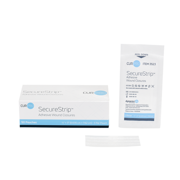 A box and a pouch of Dynarex Wound Closure Strips - Sterile, with three white wound closure strips in front. The box contains 50 pouches, each with 3 sterile adhesive strips.