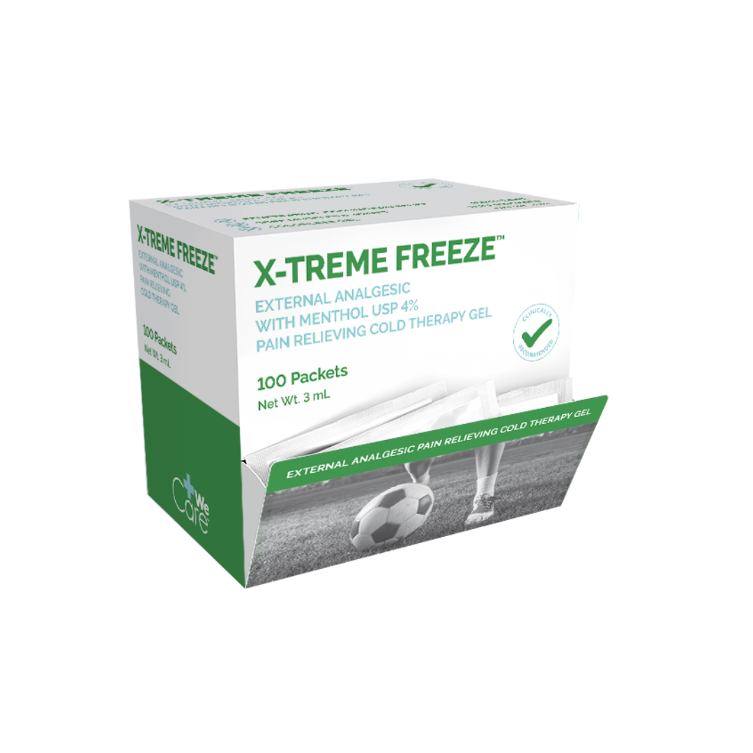 A box of Dynarex X-Treme Freeze Pain Relieving Cold Gel with menthol contains 100 fast-acting cooling packets and features an image of a soccer ball and legs on the front panel.